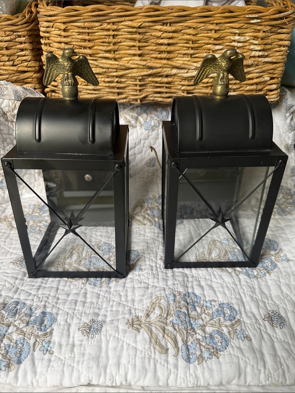 Vintage Black Lanterns with Gold Eagle Finials - Pair